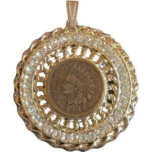 Gold Tone 1902 United States Of America Penny Rhinestone Necklace Pendant